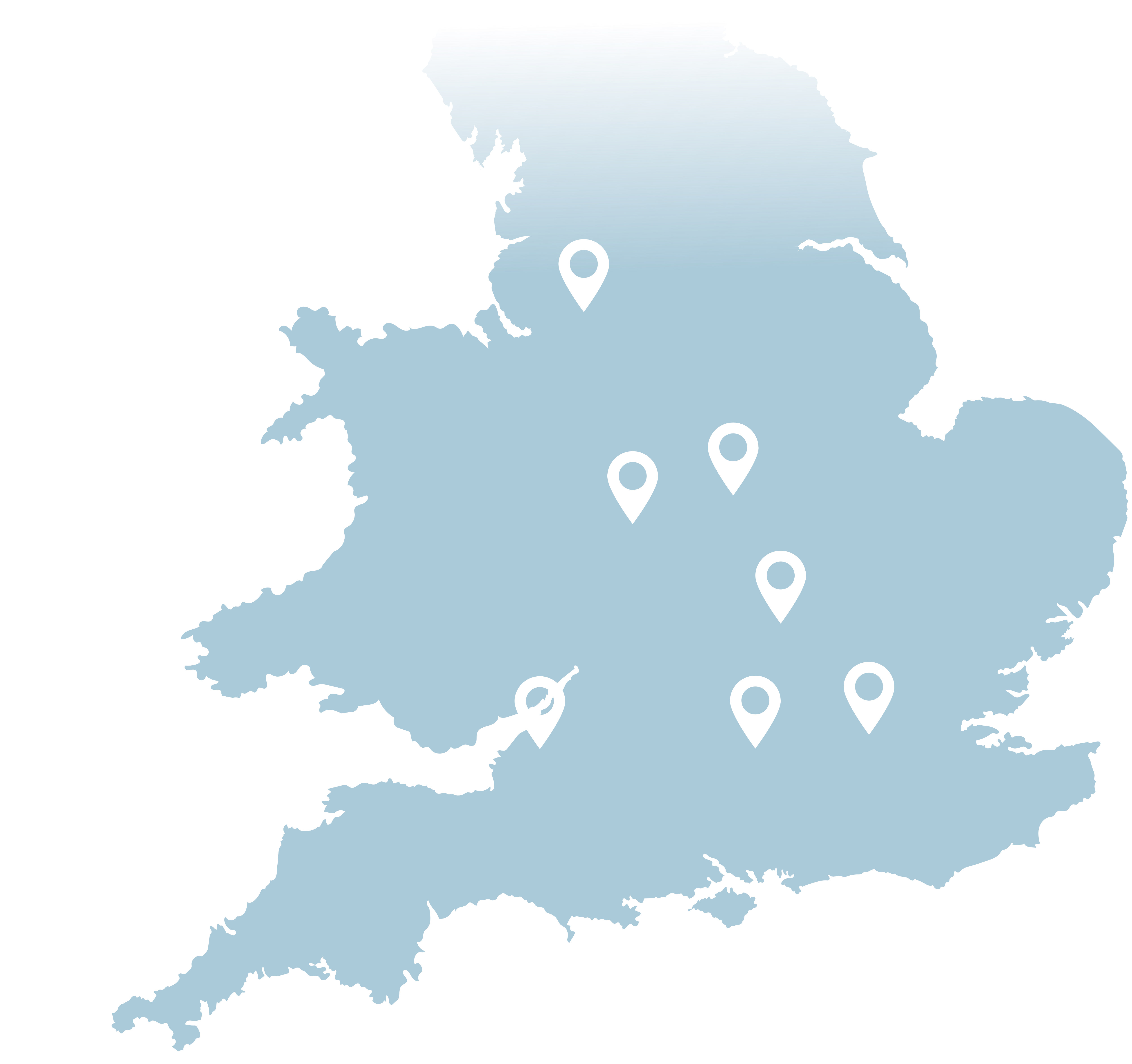 A stylised blue map of England, showcasing the locations of our offices and operating areas throughout the Midlands and South East, including Greater London